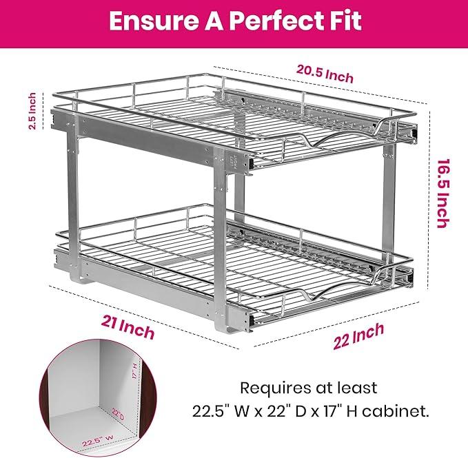 HOLDN’ STORAGE Two Tier Pull Out Cabinet Organizer, Individual Sliding Drawers - Heavy Duty Metal with Lifetime Limited Warranty - Anti Rust Chrome Finish - 22" W x 21”D x 16.5" H - ModernBath