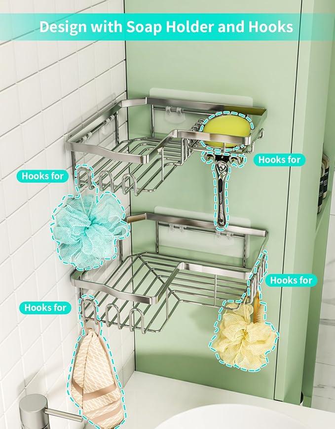 HapiRm Corner Shower Caddy with Shampoo Holder, Shower Organizer with 11 Hooks, No Drilling Rustproof Stainless Steel Bathroom Shelves - Silver (Only for 90 ° Right Angle) - ModernBath