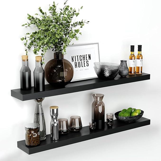 Homeforia Floating Black Shelf 42 inch, High End Solid Real Wood 42 inches Long Floating Shelves for Wall, Black Wooden 42inch Large Floating Shelves, Heavy Duty Bracket, 42 X 6.5 X 1.75 in, Set of 2 - ModernBath