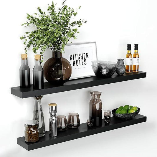 Homeforia Floating Black Shelf 42 inch, High End Solid Real Wood 42 inches Long Floating Shelves for Wall, Black Wooden 42inch Large Floating Shelves, Heavy Duty Bracket, 42 X 6.5 X 1.75 in, Set of 2 - ModernBath