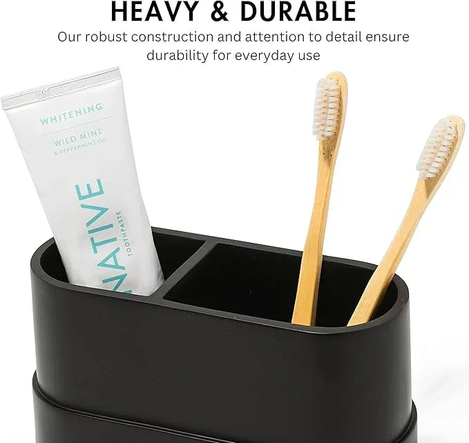Matte Black Large Toothbrush and Toothpaste Holder and Cup for Bathroom Vanity and Countertop, 2 Compartment Organizer for Electric Toothbrushes, Floss, Razors, Cotton, and Mouthwash - YEW DESIGN - ModernBath