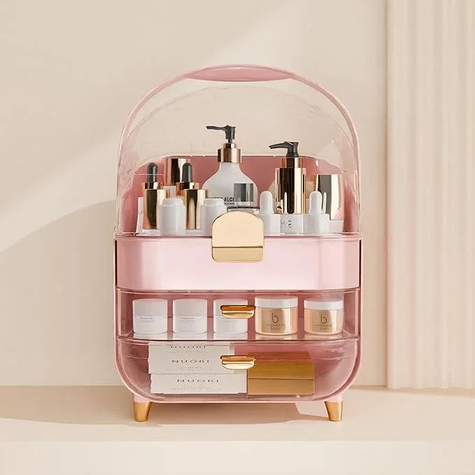 Makeup Organizer Countertop With Lid And Drawers Large Skin Care Cosmetic Display Case Holder for Vanity Desk Bathroom Storage Box,Pink - ModernBath