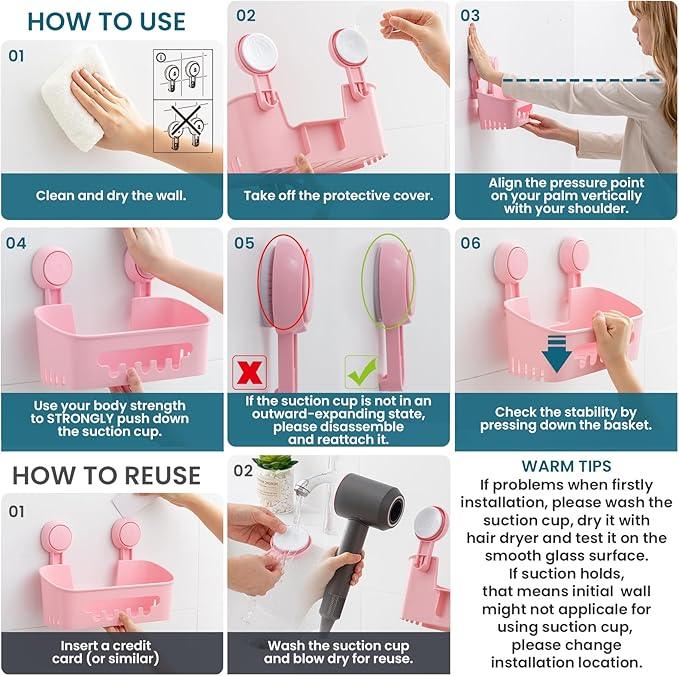 TAILI Shower Caddy Suction Cup 2 Pack, Heavy Duty Bathroom Organizer, Removable Shelves for Inside Shower, Shampoo, Waterproof Suction Plastic Storage for Bathroom Accessories Holder, Pink - ModernBath