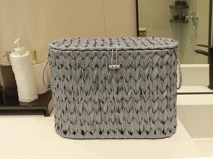 Toilet Paper Storage Basket with Lid,Wicker Toilet Paper Holder Stand,Narrow Decorative Woven Bathroom Basket Organizer,Free Standing Grey - ModernBath