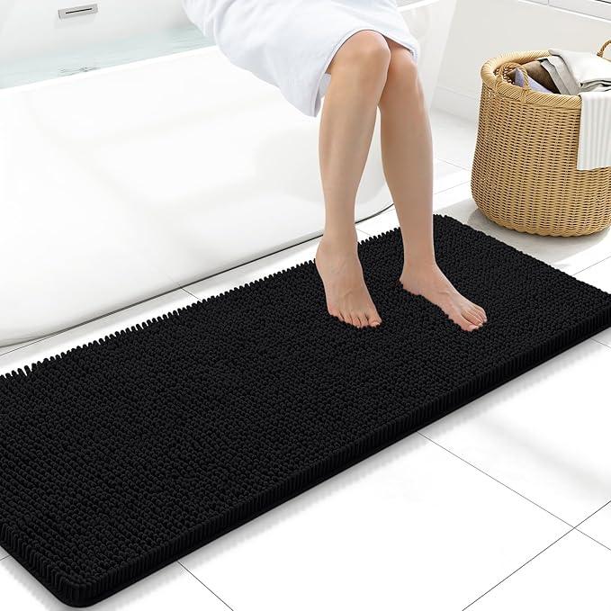 Arotive Bathroom Rugs 47x17, Extra Soft Absorbent Shaggy Chenille Bath Rugs, Machine Washable Rubber Backing Non-Slip Bath Mats for Bathroom Floor Tub and Shower, Home Decor Accessories, Black - ModernBath