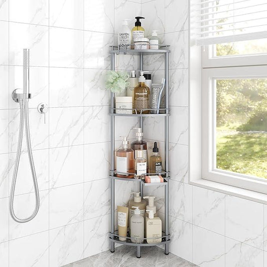 ELYKEN Corner Shower Caddy Standing, 4 Tier Rustproof Metal Shower Organizer with Soap Holder, Floor Shower Corner Shelf Rack Storage Stands with Adjustable Feet & 2 Hooks for Bathroom, Silver - ModernBath