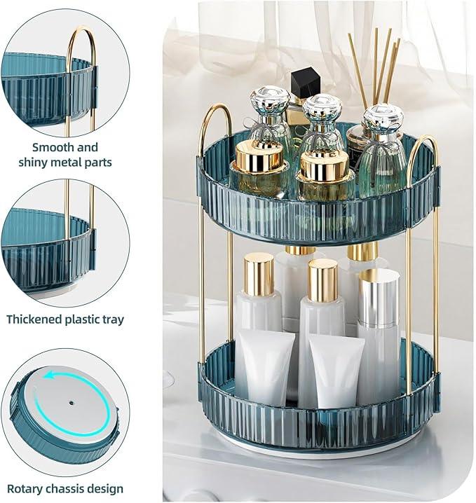 INVSSENE 360° Rotating Makeup Organizer, Bathroom Organizers and Storage Holder Rack, Large Capacity Vanity Shelf Countertop, Fits Cosmetics, Perfume, Skin Care(Blue, 2 Tiers) - ModernBath