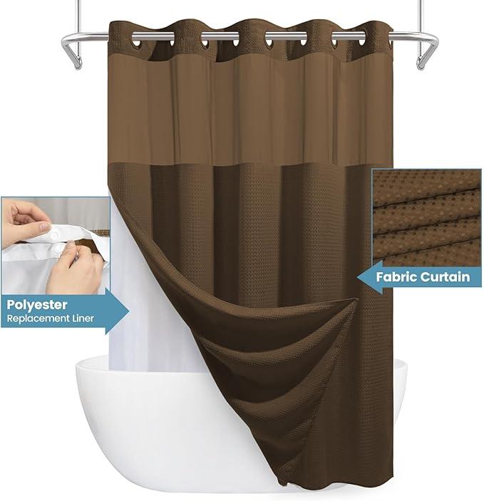 EUTXL Brown No Hook Shower Curtain with Snap in Liner,230GSM Waffle Weave Shower Curtains for Bathroom,71W x 74H - ModernBath