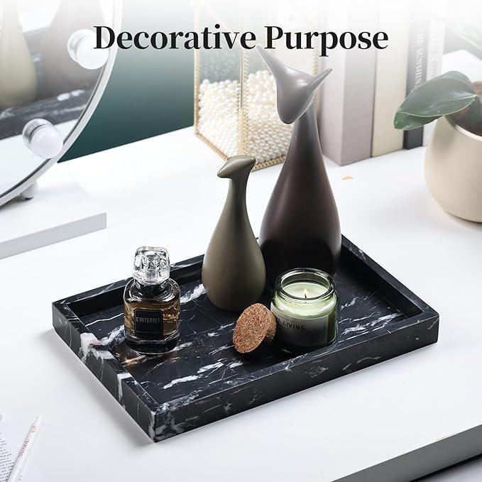 Real Natural Marble Tray for Bathroom, Genuine Marble Stone Vanity Tray, Luxury Storage Trays for Kitchen, Vanity, Home Decor, Dresser, Non-Resin/Non-Ceramic, 12"x 8"x 1.2", Black - ModernBath