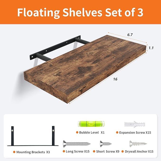 Floating Shelves for Wall Set of 3, 16" Rustic Brown Floating Shelves, Home Decor, Frame Display Wall Shelf for Bedroom, Kitchen, Bathroom, Living Room - ModernBath