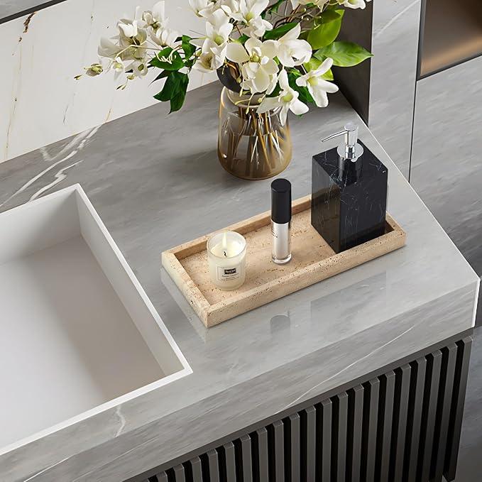 Real Natural Small Marble Tray for Bathroom, Vanity, Kitchen and Desktop, Rectangle Genuine Marble Stone Tray for Jewelry, Cosmetics, Candles, Lotion, Perfume and Home Decor - ModernBath
