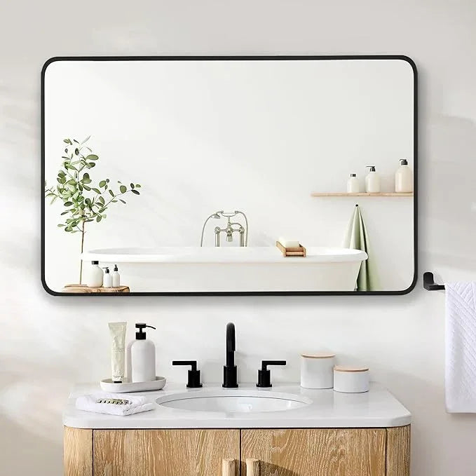 Bonverre 27x40 Inch Rectangle Bathroom Mirror with Black Metal Frame, Rounded Corner Rectangular Vanity Mirror for Wall, Modern Large for Bedroom, Living Room, Horizontal or Vertical - ModernBath