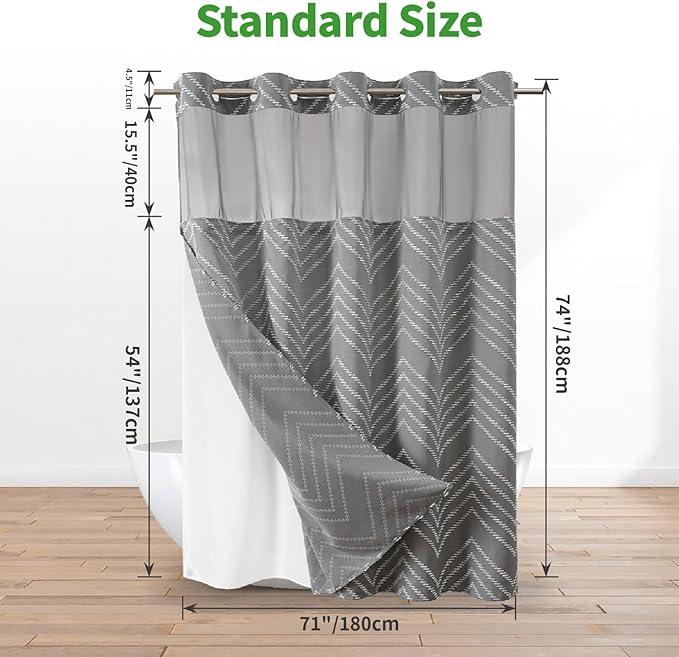 Grey No Hook Shower Curtain with Snap-in Liner Set,Boho Modern Farmhouse White Tufted Chevron Striped Design,Woven Fabric Bathroom Curtain,71x74 - ModernBath