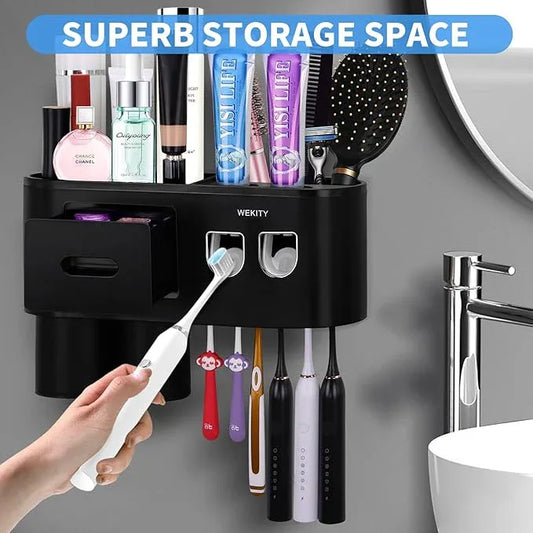 Multifunctional Wall-Mounted Toothbrush Holder, Automatic Toothpaste Dispenser Space Saving Toothbrush and Toothpaste Holder, with 2 Cups and Drawers Cosmetic Organizer (Black 2 Dispensers) - ModernBath