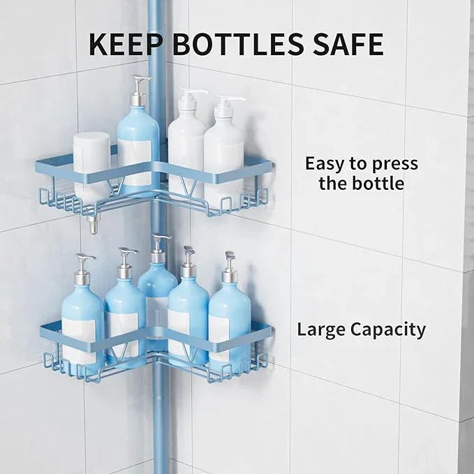 KEGII Shower Caddy Tension Pole, 4-Tier Rustproof Adjustable Corner Bathroom Organizer for Renters, 25–114.2 Inch No Drill Space-Saving Shower Storage Rack, Blue - ModernBath