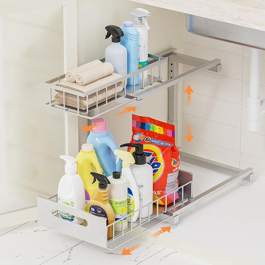 Under Sink Organizer Storage Heavy Duty Metal Slide Out Sink Shelf Organizer Height Adjustable, Multi-Purpose Storage Shelf for Kitchen Bathroom (Silver,1Pack) - ModernBath
