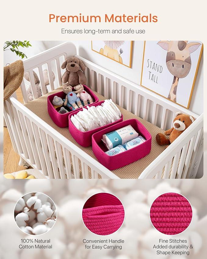 Small Woven Basket, 13.5 x 9.5 x 5 Inches, Storage Basket for Organizing, Cute Small Rope Shelf Closet Cube Storage Bins Baskets for Shelves, Dog Toy Gift Baskets Empty, 3 Packs, Hot Pink - ModernBath