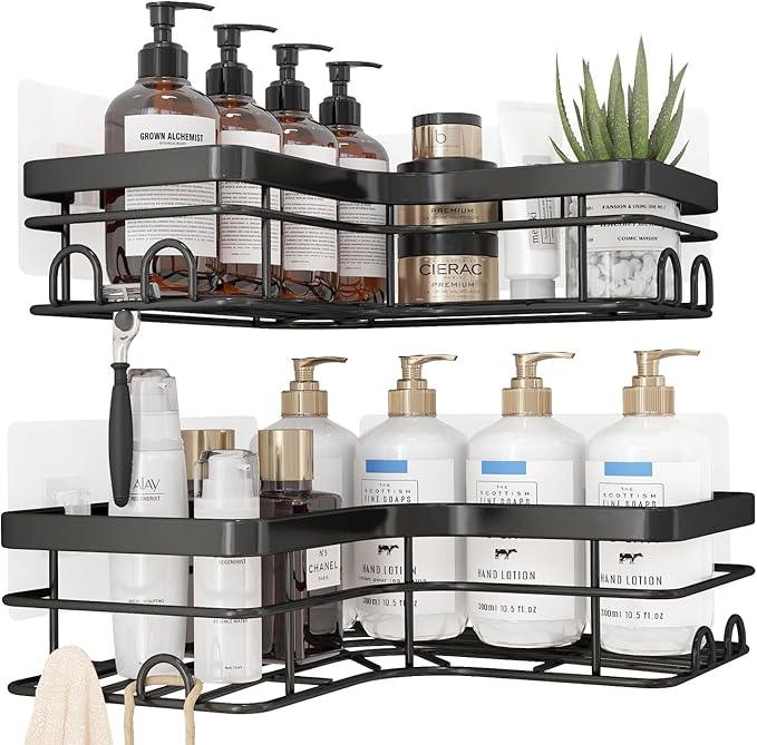 Corner Shower Caddy - 2 Pack, Adhesive Shower Organizers, Rustproof Stainless Steel Shower Shelves with 8 Hooks, No Drilling Bathroom Organizers and Storage Racks, Space-Saving, Black, X-Large - ModernBath