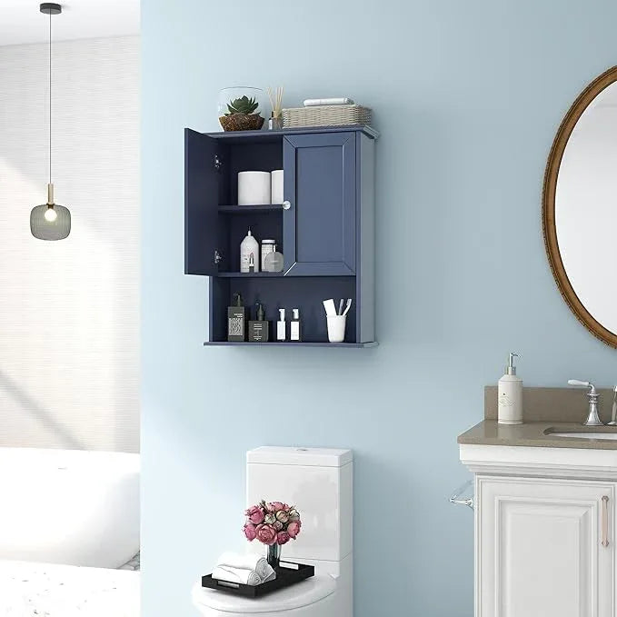 Bathroom Wall Cabinet Navy Blue Over Toilet Storage Cabinets 24x30 in Above Toilet Wood Medicine Cabinets Wall Mounted Bathroom Cabinet with 2 Door & Adjustable Shelf - ModernBath