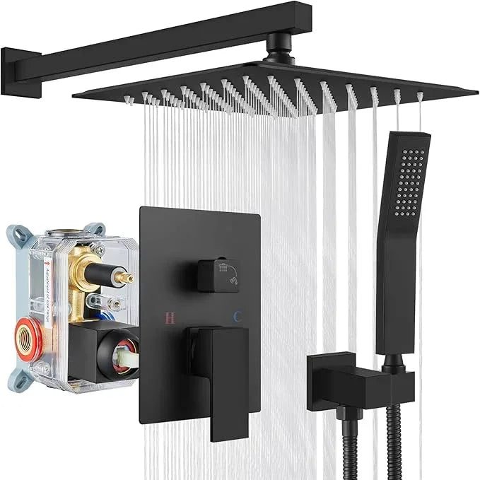 gotonovo Rainfall Bathroom Shower System Rain Shower Head and Handle Set Wall Mounted Shower Complete Combo Solid Brass Pressure Balancing Shower Mixer Valve 12 Inch Matte Black - ModernBath