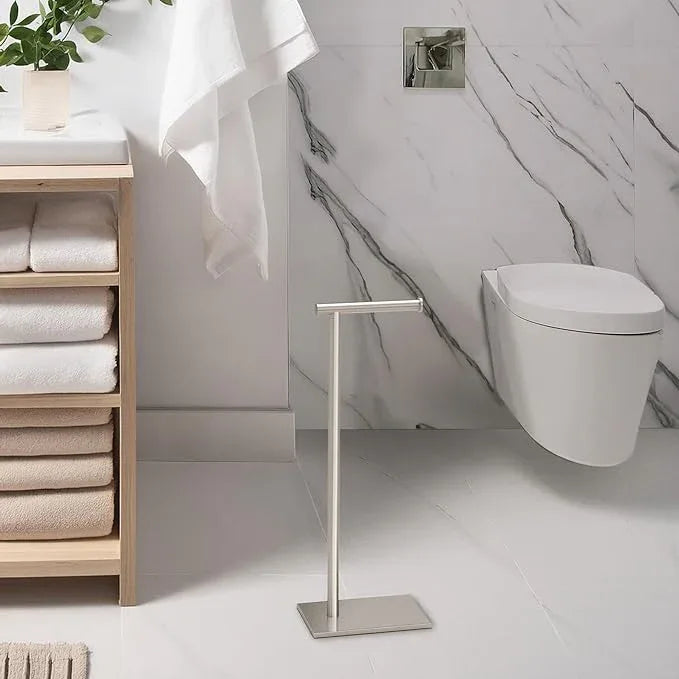 Gatco 1431SN, Modern Rectangle Base Freestanding Toilet Paper Holder, 22.25”, Satin Nickel/Free Standing Toilet Tissue Holder Stand with Weighted Base - ModernBath