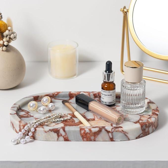 Red Marble Oval Tray 10x6 Inch - Vanity & Bathroom Organizer, Jewelry Dish, Coffee Table Decor - Natural Stone Desktop Catchall - ModernBath
