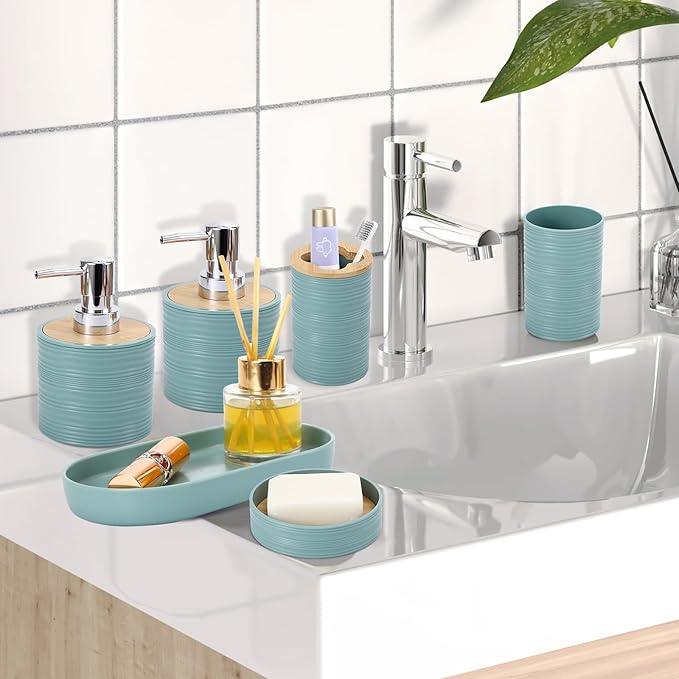 XLHOMO Blue Bathroom Set, Light Blue Bathroom Accessories Set with Trash Can, 2PCS Soap Dispensers, Soap Dish, Toothbrush Holder, Toothbrush Cup,Toilet Brush, Tray and Qtip Holders for Bathroom Decor - ModernBath