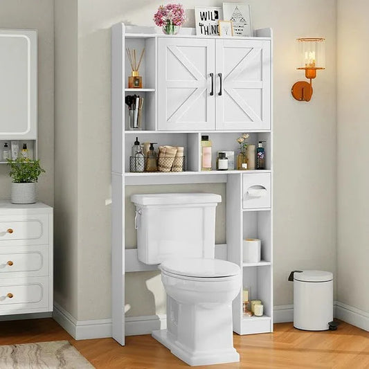 Vabches Over The Toilet Storage Cabinet, Farmhouse Storage Cabinet Over Toilet with 2 Barn Door & Toilet Paper Holder Stand，Home Space-Saving Toilet Rack, for Bathroom, Restroom, Laundry - ModernBath
