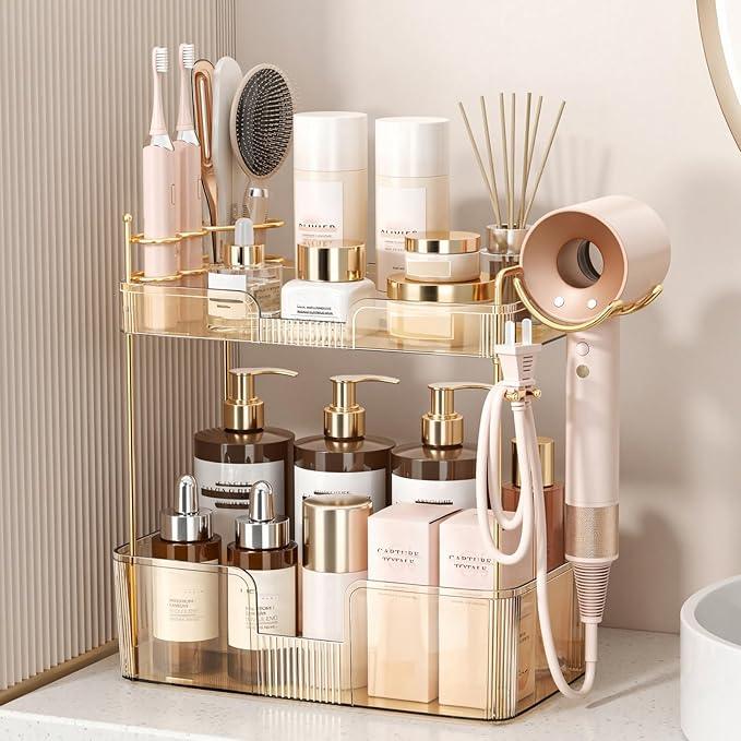 Bathroom Counter Organizer for Vanity, Makeup Organizer Countertop with Holder, Large Capacity Storage Rack, Perfect Large Skincare, Hair Care, Perfume, Easy to Install (Gold, 2Tiers) - ModernBath