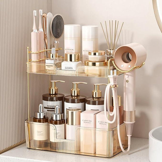 Bathroom Counter Organizer for Vanity, Makeup Organizer Countertop with Holder, Large Capacity Storage Rack, Perfect Large Skincare, Hair Care, Perfume, Easy to Install (Gold, 2Tiers) - ModernBath