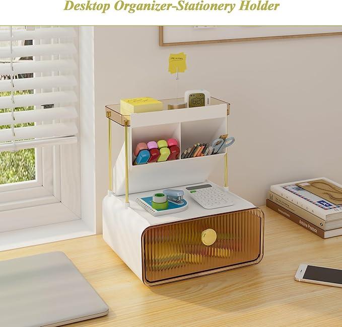FOLLOWIN 3 Tiers Makeup Organizer with Drawer,Cosmetic Display with Lipsticks Brush Holder,Cosmetics and Beauty Supplies Organizers for Vanity,Dresser,Bathroom Desktop Countertop Organizer,Amber - ModernBath