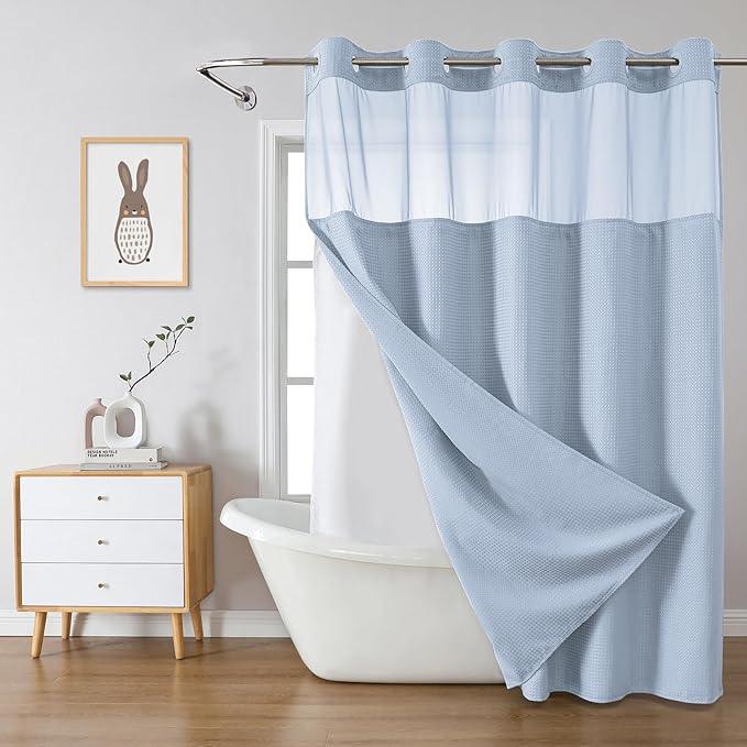 eachope FrostBlue No Hook Waffle Weave Shower Curtain with snap-in Liner Replacement, 230GSM Waterproof Fabric Hotel Shower Curtain Set for Bathroom, Through Mesh Top Window,71Wx74H - ModernBath