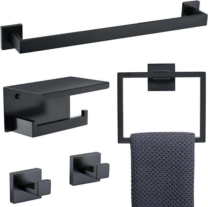 TNOMS Black Towel Bar Set 5-Piece Bathroom Hardware Set Including 23.6 Inch Towel Bar,Towel Ring Towel Hook and Toilet Paper Holder with Shelf,Stainless Steel Bathroom Accessories Set - ModernBath