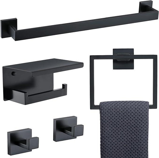 TNOMS Black Towel Bar Set 5-Piece Bathroom Hardware Set Including 23.6 Inch Towel Bar,Towel Ring Towel Hook and Toilet Paper Holder with Shelf,Stainless Steel Bathroom Accessories Set - ModernBath