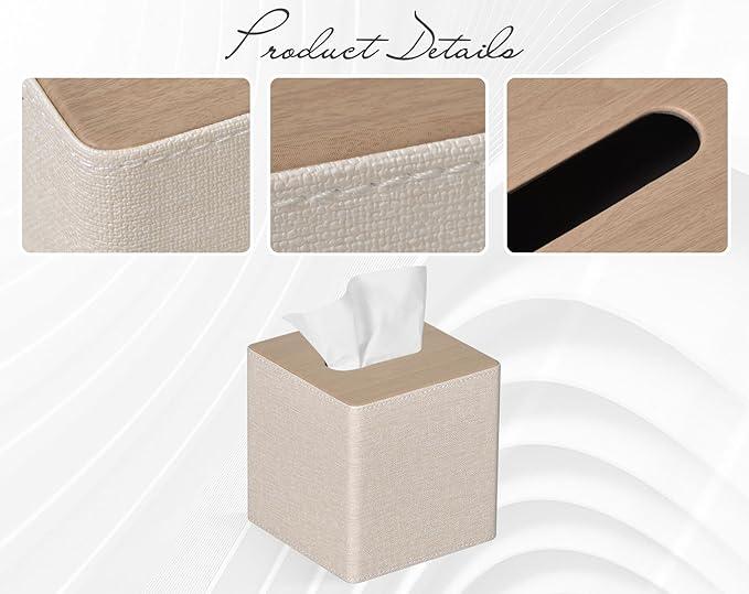 GOLRANLYE Tissue Box Cover Square PU Leather Facial Tissue Box Holder for Dresser Bathroom Decor (Beige) - ModernBath