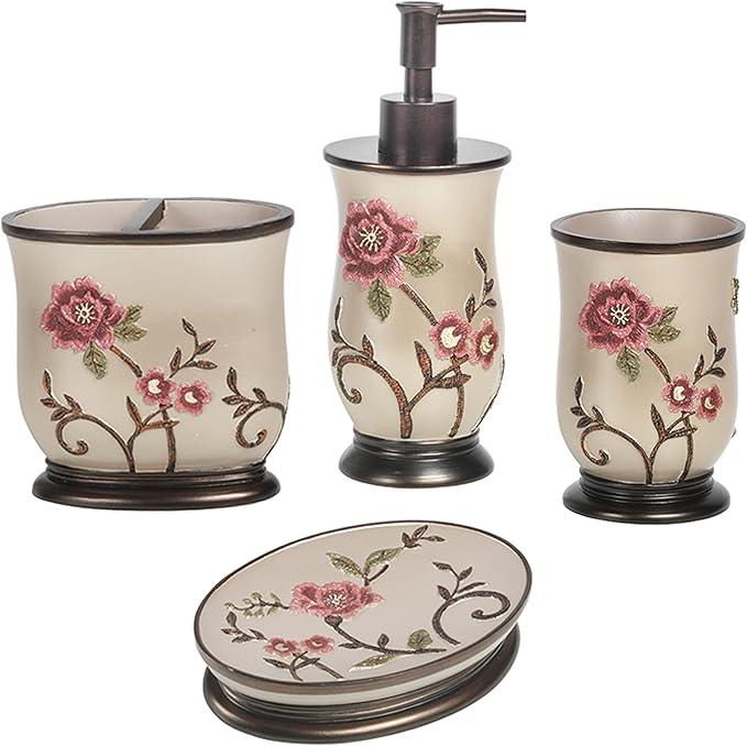 Zahari Home 4pc Larrisa Floral Bathroom Accessories Sets Modern Classic Flower Soap Dispenser, Tumbler, Tooth Brush Holder and Soap Dish Holder Luxury Decor Unique Design Stylish Bathroom Sets - ModernBath