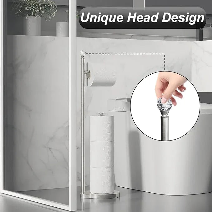 Toilet Paper Holder for Bathroom, Heavy Weighted Metal Free Standing Toilet Paper Storage with Crystal Ball, Toilet Paper Stand for Bathroom Accessories, Brushed Nickel [Holds MEGA Rolls] - ModernBath
