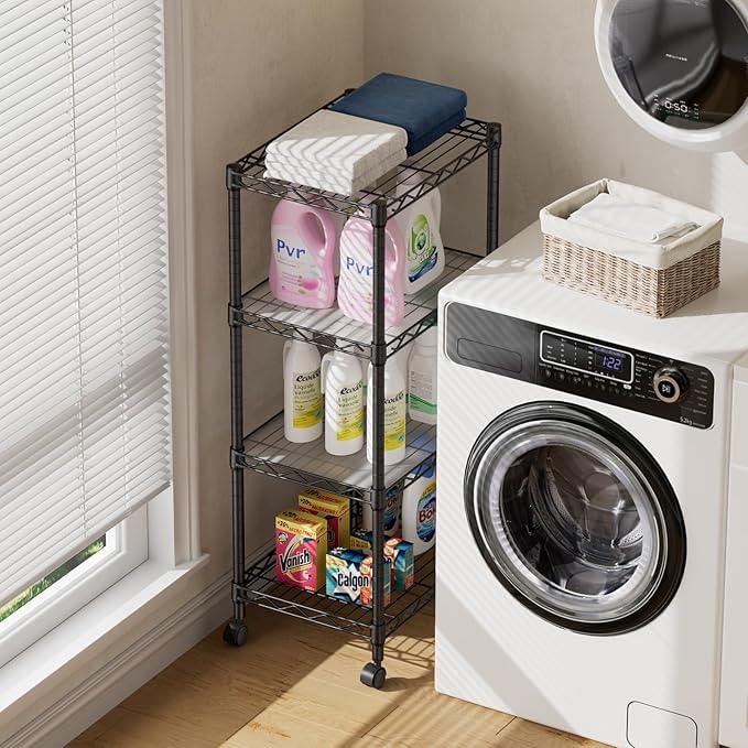 SINGAYE 4 Small Shelves Storage Shelf Wire Shelving Unit Metal Shelf Adjustable Organizers Storage Shelving with Wheels for Bathroom Laundry Room Kitchen Pantry11.5”D x 17.3”W x 44.5”H Black - ModernBath