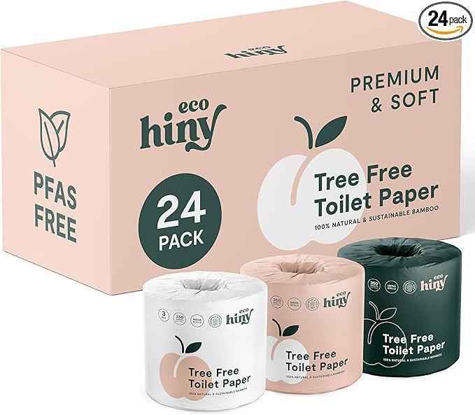 ecoHiny Premium & Soft Bamboo Toilet Paper | PFAS Free | 24 Mega Rolls, 3 ply & 350 Sheets | Non Toxic, FSC Certified, Septic Safe, BPA Free | Tree Free Toilet Tissue | Plastic Free Packaging - ModernBath