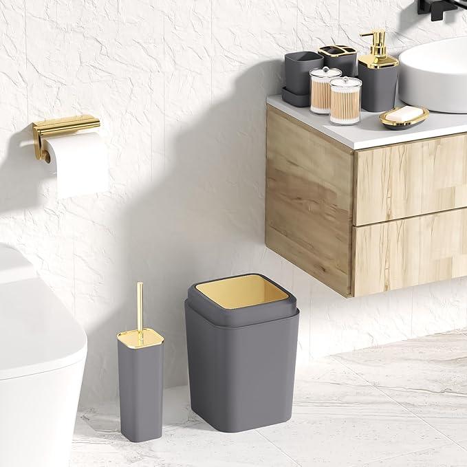 XLHOMO Bathroom Set - Grey and Gold Bathroom Accessories Set, Bathroom Sets with Shower Curtain and Rugs, Grey Shower Curtain Set with Bathroom Trash Can, Soap Dispenser, Soap Dish for Home Decor - ModernBath