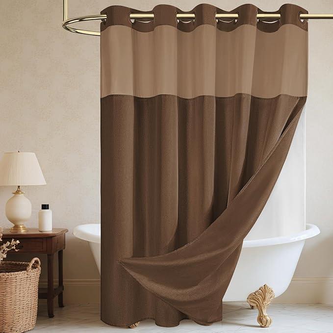 WONICY No Hook Brown Shower Curtain and Liner, Linen-Look Polyester Textured Shower Curtain with Snap in Liner, Waterproof & Washable Bath Curtains for Bathroom, 71Wx74H - ModernBath