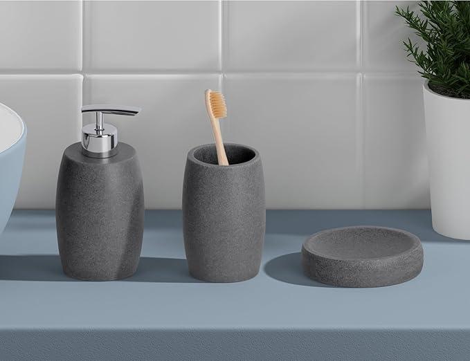 Clasin Home Grey Bathroom Accessories Set 3 PC, Resin Sandstone Look Soap Dispenser, Toothbrush Cup, Soap Dish, Bathroom Soap Dispenser Set for Home Decor and Kitchen - ModernBath