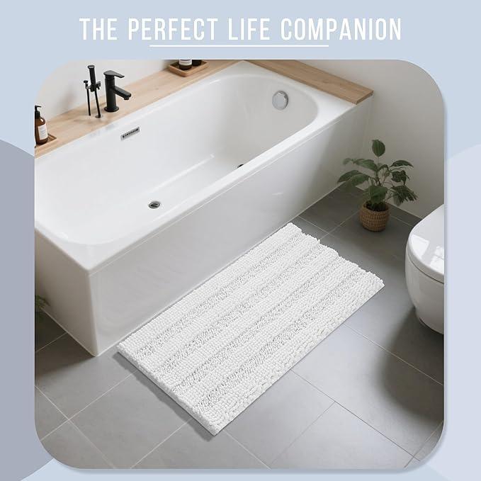 Yimobra Bathroom Rug Mat 47 x 24, Non Slip and Super Absorbent Bath Mat,Machine Washable Quick Dry,Ultra Plush Chenille Shower Rugs for Bathroom Floor Sink Tub and Shower Outside,White - ModernBath