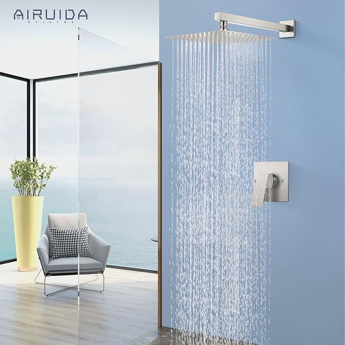 Airuida Shower Faucet Set Bathroom Rain Shower System SUS304 Stainless Steel Single Handle With Male Threads Rough-in Valve Shower Trim Kit 12 Inch Wall Mount Shower Head Brushed Nickel - ModernBath