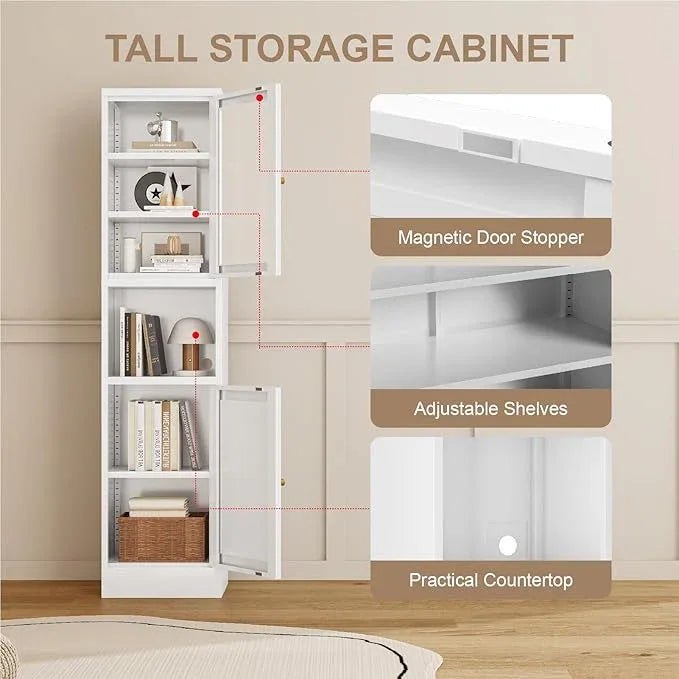 Metal Bathroom Storage Cabinet, 67" Tall Narrow Freestanding Floor Cabinet with Adjustable Shelves and Open Compartment, Slim Metal Locker for Laundry, Kitchen, Dining Room (White-Glass, 67"H) - ModernBath