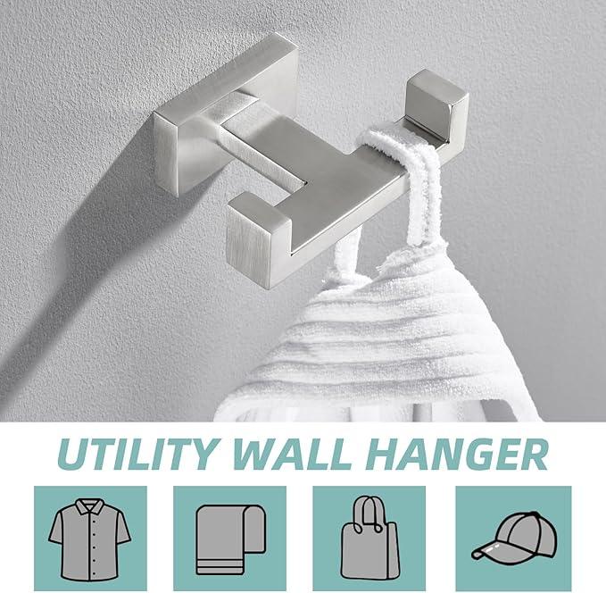 APLusee Square Double Towel Hook, 304 Stainless Steel Dual Coat Holder, Modern Bathroom Kitchen Storage Hanger Wall Mounted, Brushed Nickel - ModernBath
