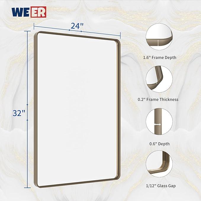 WEER 24x32 Inch Bronze Bathroom Mirror - Brushed Bronze Frame for Vanity, Rounded Rectangle with Tempered Glass, Anti-Rust (Horizontal/Vertical) - ModernBath