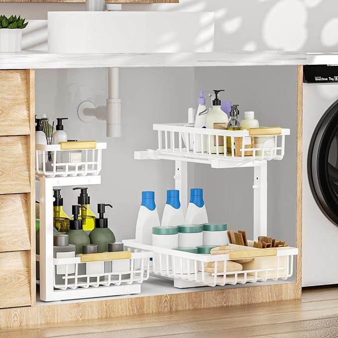 2Pcs Under Sink Organizer, Adjustable Under Sink Organizers and Storage, 2-Tier Pull Out Under Kitchen Sink Organizer, Sliding Out Metal Under Bathroom Sink Organizer for Kitchen Pantry White - ModernBath