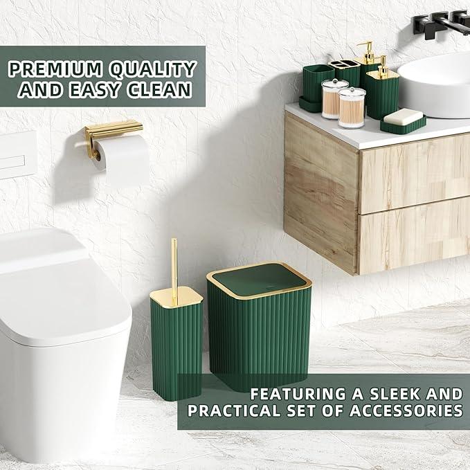 XLHOMO Bathroom Accessory Set - 25PC Green Bathroom Sets, Bathroom Set with Shower Curtain and Rugs, Dark Green Shower Curtain Set, Trash Can, Qtip Holder Dispenser & Soap Dispenser - ModernBath