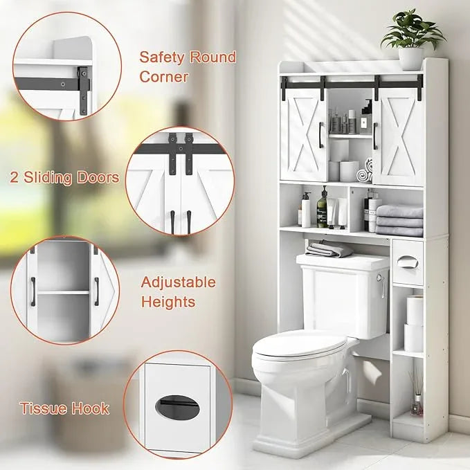 Vabches Over The Toilet Storage Cabinet, Farmhouse Storage Cabinet Over Toilet with Sliding Doors，Home Space-Saving Toilet Rack, for Bathroom, Restroom, Laundry - ModernBath